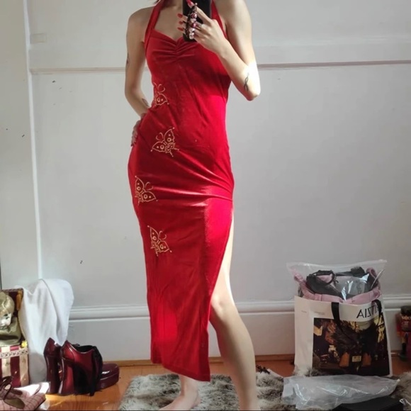 Dresses & Skirts - 30% off Bundles ☘️ Red Velour High Slit Halter Butterfly Bodycon Dress
